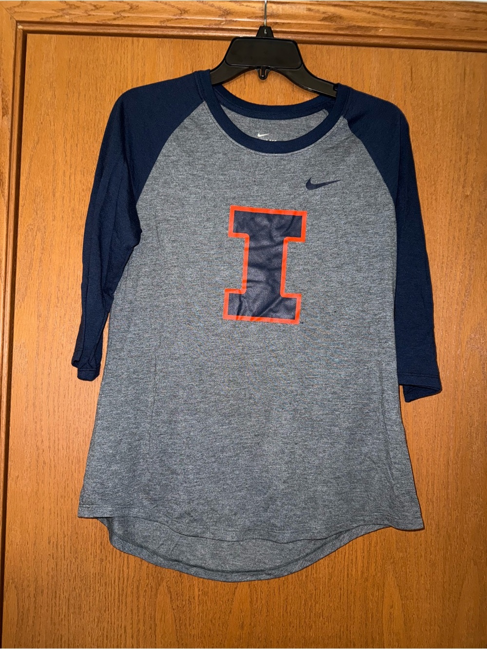 Nike Navy & Gray Raglan Tee with Orange-Outlined 'I' Logo